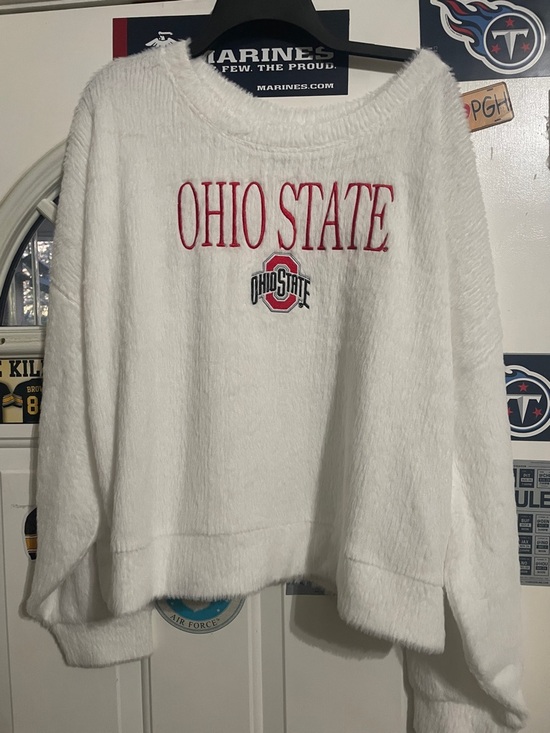 sidelina apparel Sweaters - Ohio State Women's White Fuzzy Crewneck Sweater with Embroidered Logo